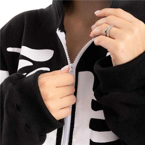 Adult Skeleton Pajamas with a plush hoodie, perfect for Halloween-themed - Picture 6 of 8